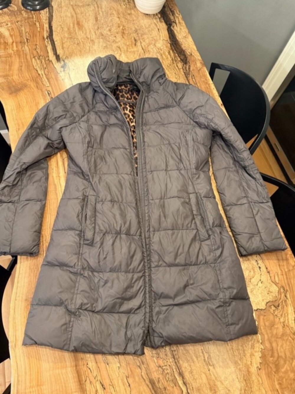 INC International Concepts Gray Long Puffer Coat Leopard Lining Women’s Small